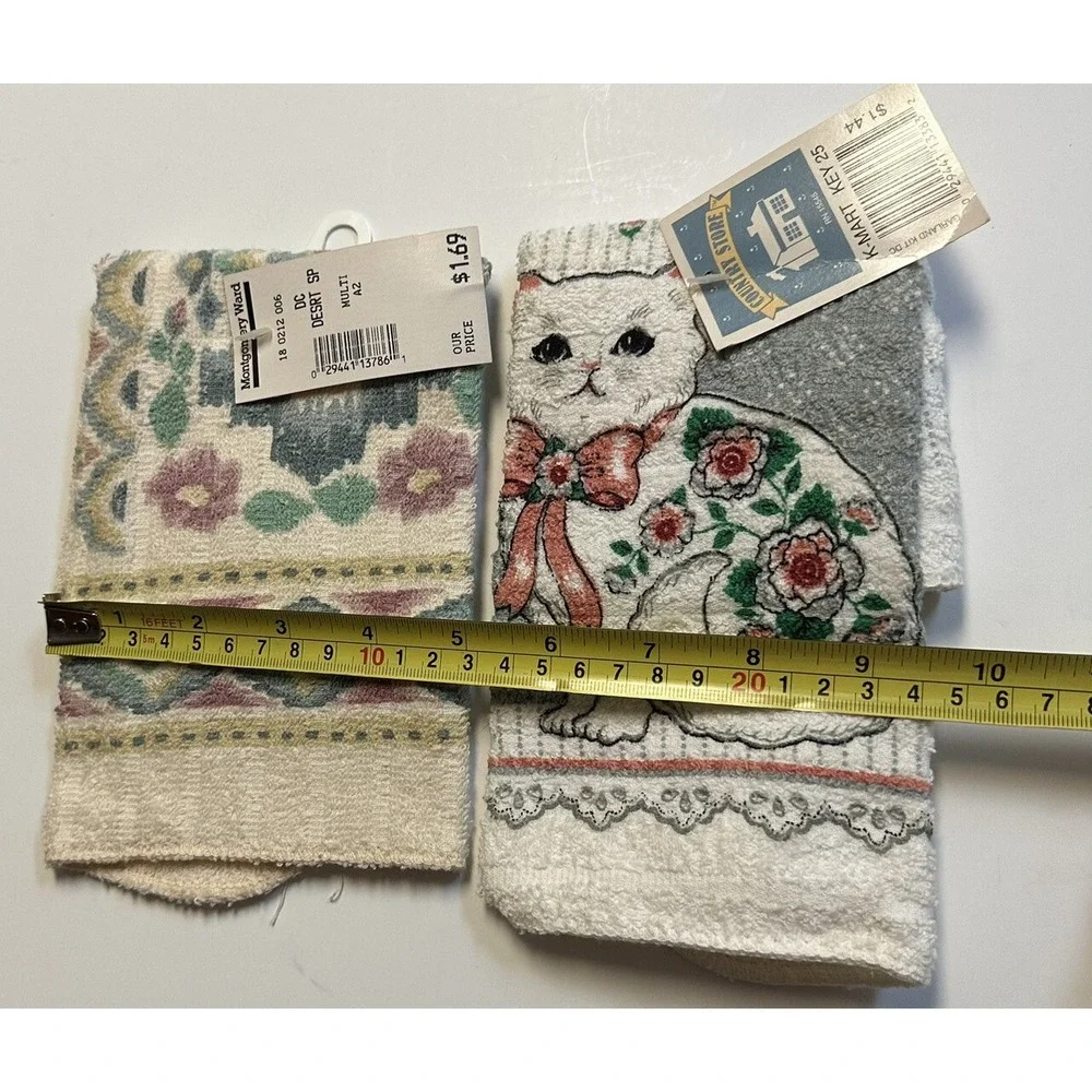 Vintage 80's Cat Pastels Florals Kitchen Hand Towel Made USA NOS lot 2